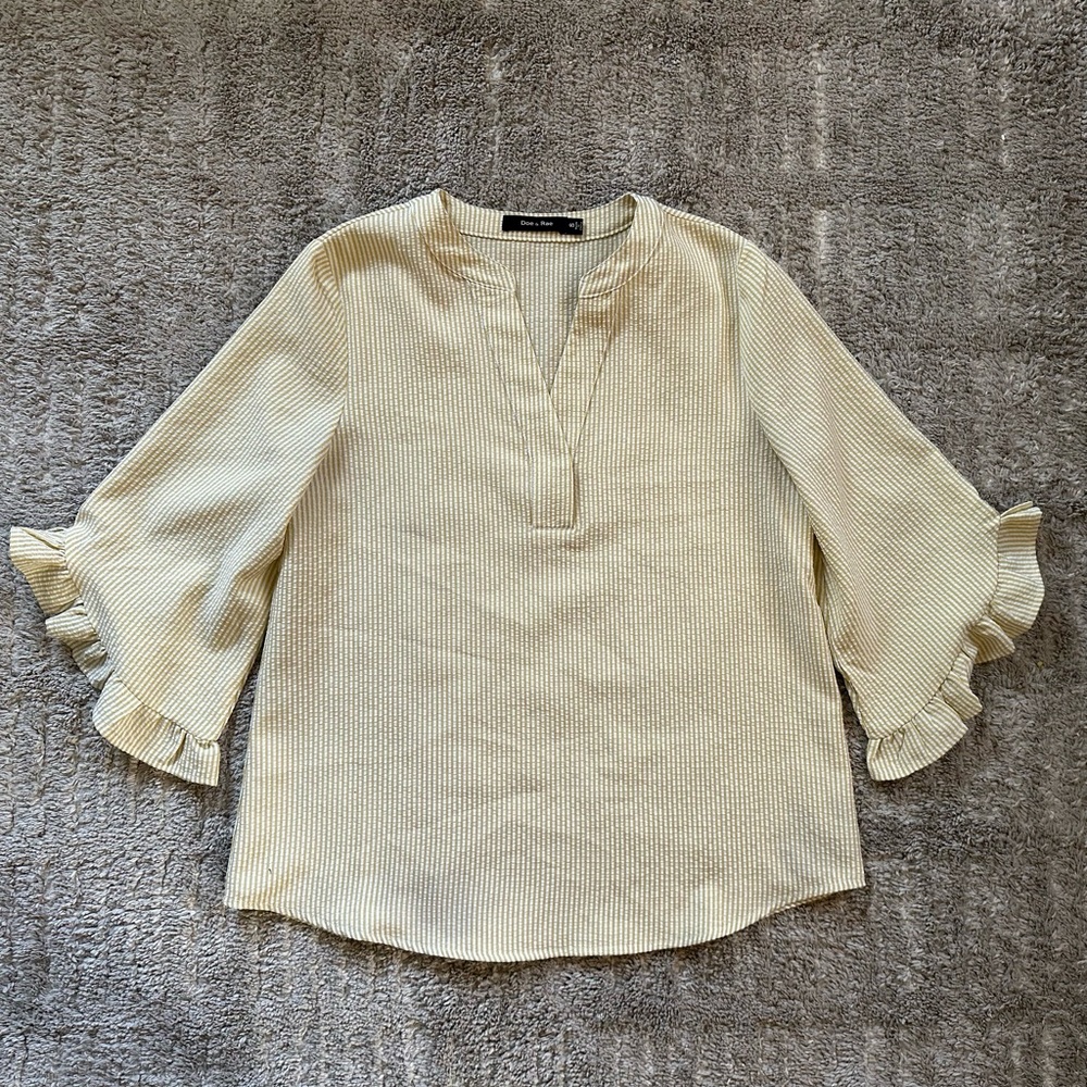 Yellow/White Striped Ruffle-Sleeve Split-Neck Top
